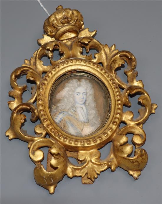 An oil on vellum Miniature of a gentleman, said to be Charles Cornwallis, 6.5 x 5.5cm, florentine framed.